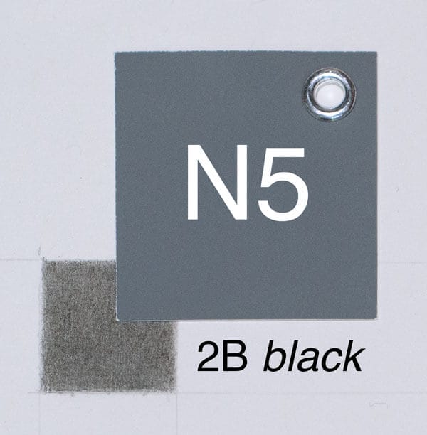 2B-N5-for-web 2B black with moderate pressure on white paper. Closest whole-step Munsell value: 5