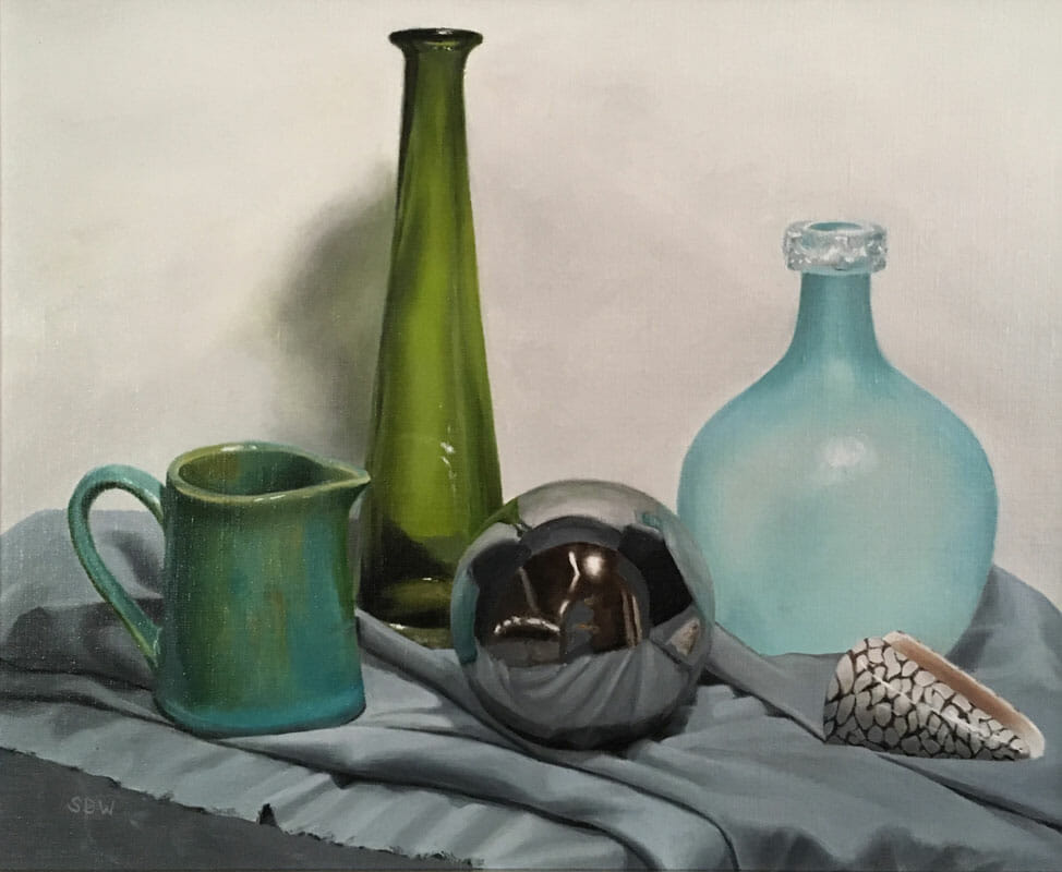 <em>"Green Bottle"</em>, oil on panel, by Sue Wrzesinski
