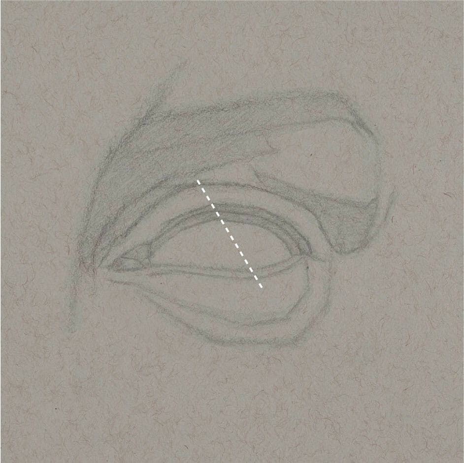 Drawing in-progress with a dotted line indicating the angle between the "high points" of the upper and lower eyelids.