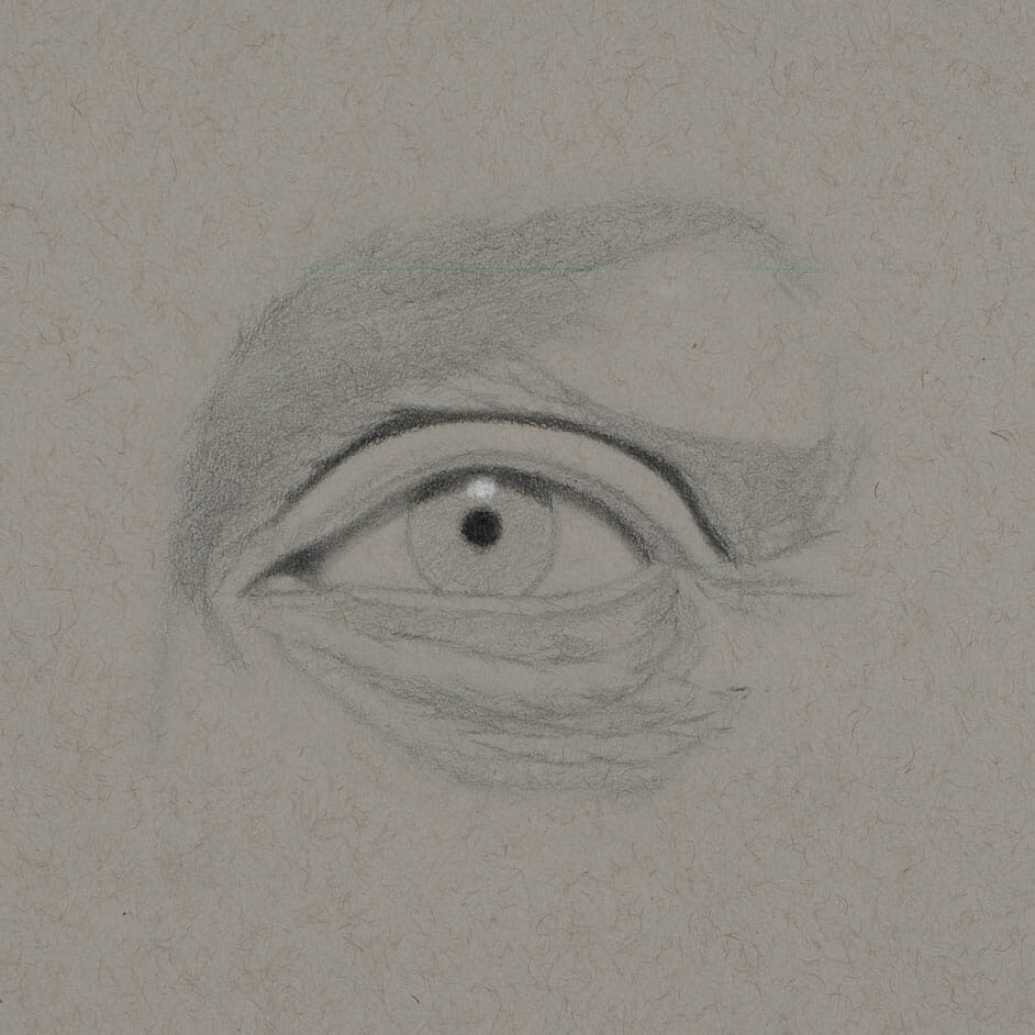 The value stage of drawing the eye begins. The darkest "anchor" values are indicated.